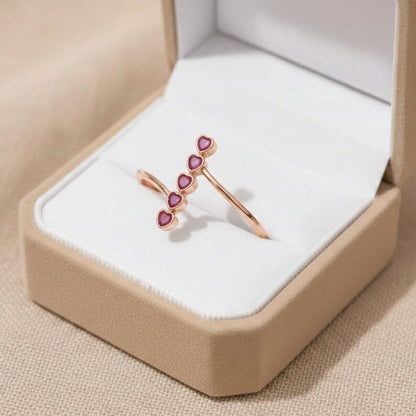 Vertical Heart Ring Rose Gold Plated 925 Sterling Silver, Five Ruby Stone Open Adjustable Love Band for Women devikagemsjewels
