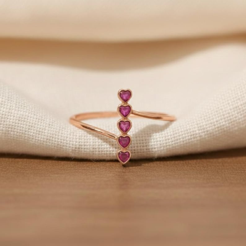 Vertical Heart Ring Rose Gold Plated 925 Sterling Silver, Five Ruby Stone Open Adjustable Love Band for Women devika