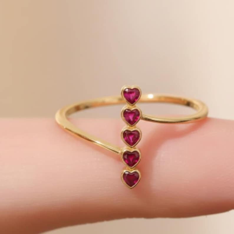 Vertical Heart Ring Rose Gold Plated 925 Sterling Silver, Five Ruby Stone Open Adjustable Love Band for Women davikajewels