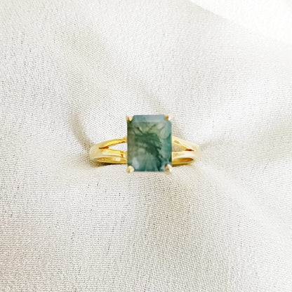 Wedding Solitaire Moss Agate Ring – Vintage Octagon Cut Engagement Ring in 14k Yellow Gold Plated 925 Sterling Silver | Unique Green Gemstone Proposal Ring for Women devikagemsjewels