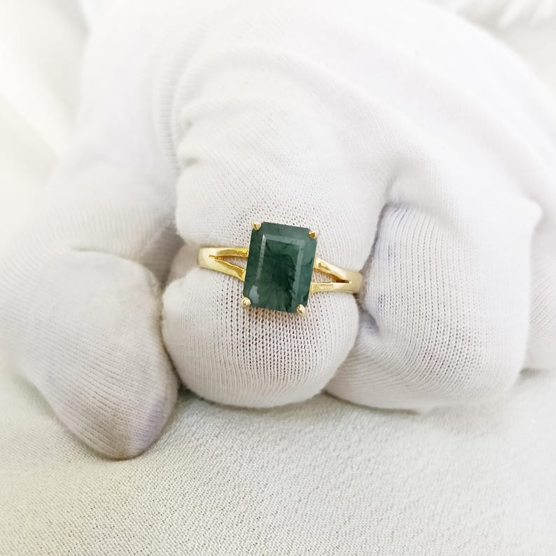 Wedding Solitaire Moss Agate Ring – Vintage Octagon Cut Engagement Ring in 14k Yellow Gold Plated 925 Sterling Silver | Unique Green Gemstone Proposal Ring for Women devika