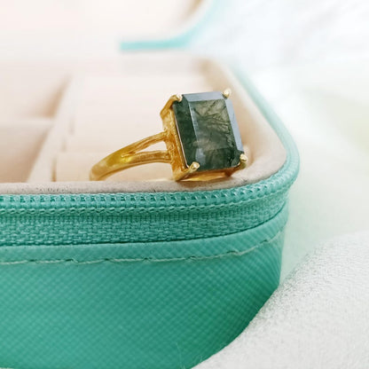 Wedding Solitaire Moss Agate Ring – Vintage Octagon Cut Engagement Ring in 14k Yellow Gold Plated 925 Sterling Silver | Unique Green Gemstone Proposal Ring for Women devikajewels
