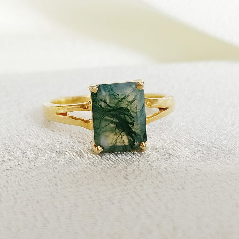 Wedding Solitaire Moss Agate Ring – Vintage Octagon Cut Engagement Ring in 14k Yellow Gold Plated 925 Sterling Silver | Unique Green Gemstone Proposal Ring for Women devika