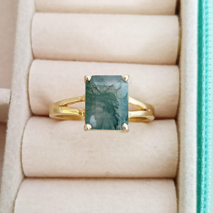 Wedding Solitaire Moss Agate Ring – Vintage Octagon Cut Engagement Ring in 14k Yellow Gold Plated 925 Sterling Silver | Unique Green Gemstone Proposal Ring for Women devika