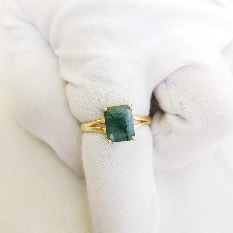 Wedding Solitaire Moss Agate Ring – Vintage Octagon Cut Engagement Ring in 14k Yellow Gold Plated 925 Sterling Silver | Unique Green Gemstone Proposal Ring for Women devikajewels