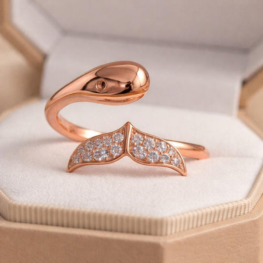 Whale Tail Ring Gold Diamond Ocean Adjustable Wrap 14K Yellow Gold 1