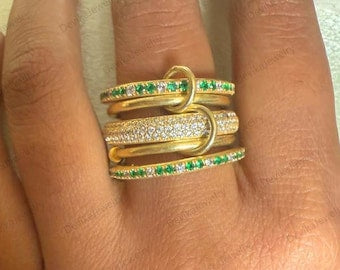Emerald Three Interlocking Ring, Spinner Connected Multi Linked 925 Silver Ring