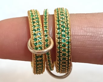 Emerald Three Interlocking Ring, Spinner Connected Multi Linked 925 Silver Ring