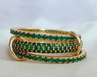 Emerald Three Interlocking Ring, Spinner Connected Multi Linked 925 Silver Ring