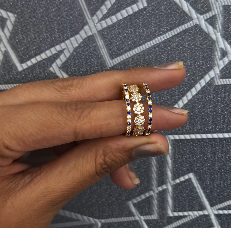 Blue Sapphire Diamond Interlocking Chunky Trio Band Ring in 925 Sterling Silver