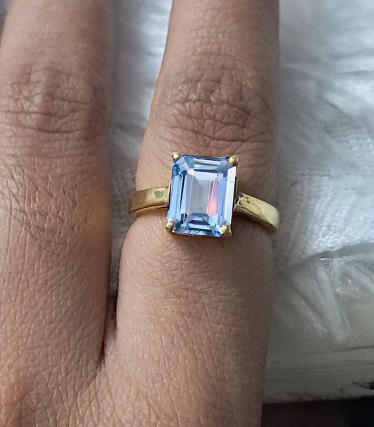 Octagon Aquamarine Promise Ring in 925 Sterling Silver with 18K Yellow Gold Plating