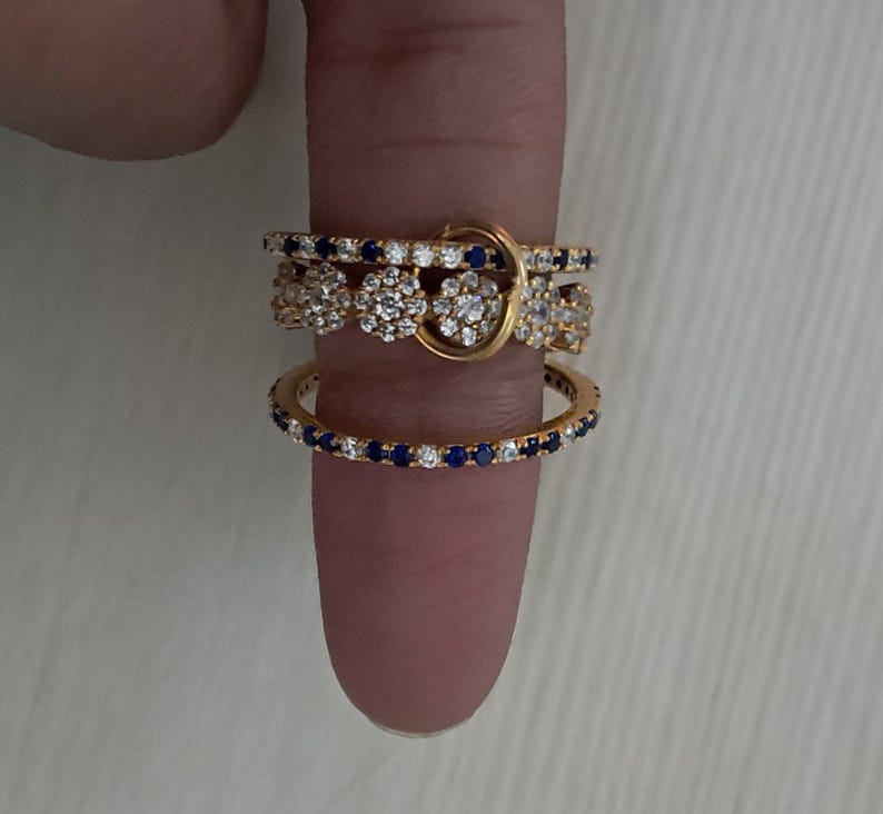 Blue Sapphire Diamond Interlocking Chunky Trio Band Ring in 925 Sterling Silver