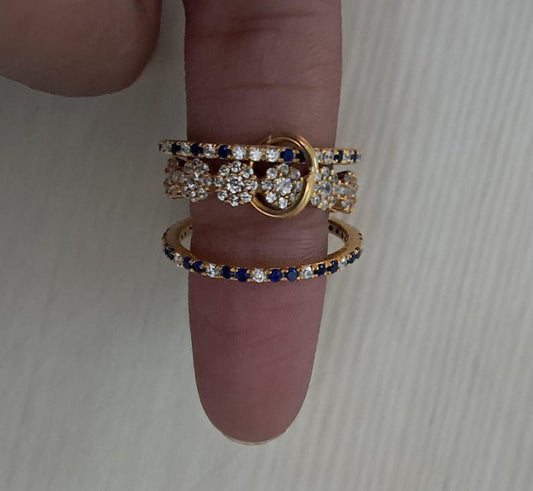 Blue Sapphire Diamond Interlocking Chunky Trio Band Ring in 925 Sterling Silver