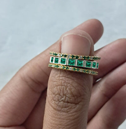 Emerald Stacking Ring with Micro Pave Diamond in 925 Sterling Silver