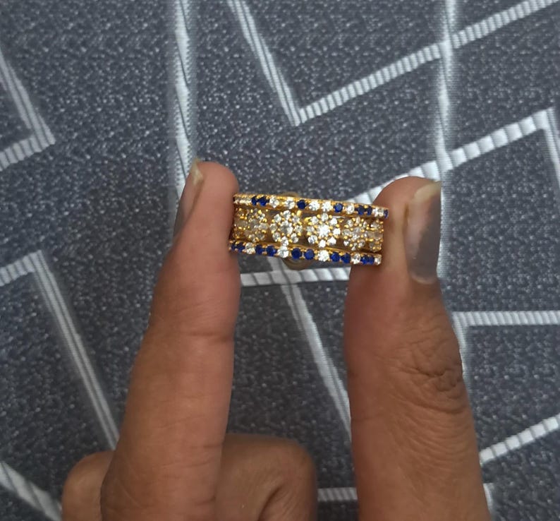 Blue Sapphire Diamond Interlocking Chunky Trio Band Ring in 925 Sterling Silver