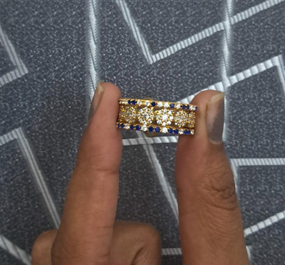 Blue Sapphire Diamond Interlocking Chunky Trio Band Ring in 925 Sterling Silver