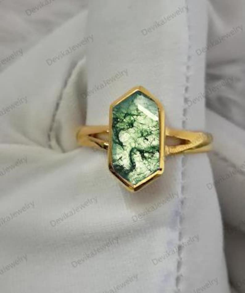 Long Hexagon Moss Agate Birthstone Ring in 925 Sterling Silver or 14K Yellow Vermeil