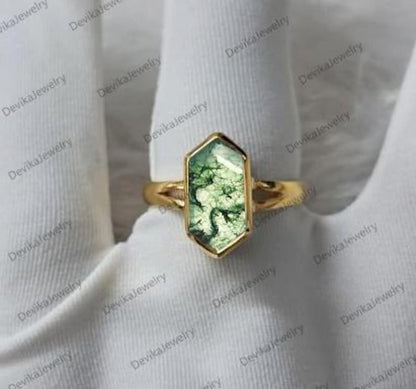Long Hexagon Moss Agate Birthstone Ring in 925 Sterling Silver or 14K Yellow Vermeil