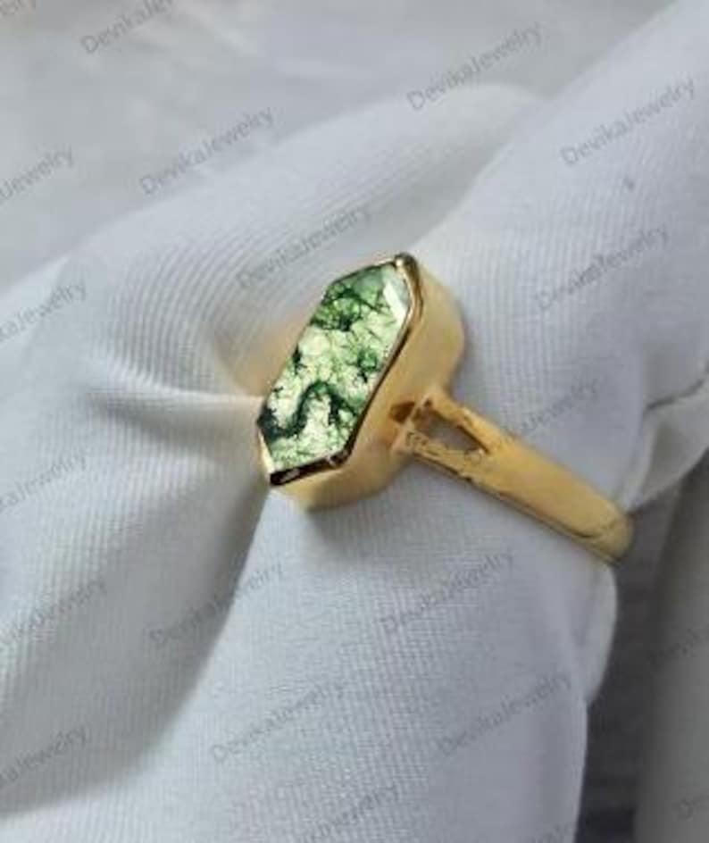 Long Hexagon Moss Agate Birthstone Ring in 925 Sterling Silver or 14K Yellow Vermeil