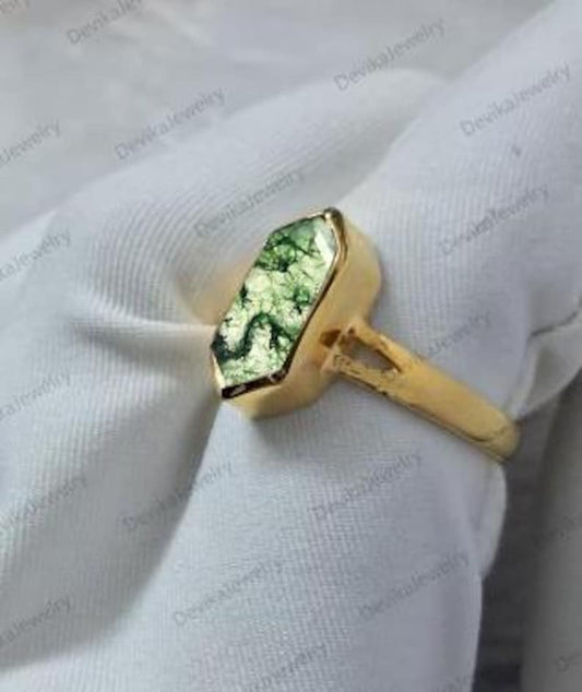 Long Hexagon Moss Agate Birthstone Ring in 925 Sterling Silver or 14K Yellow Vermeil