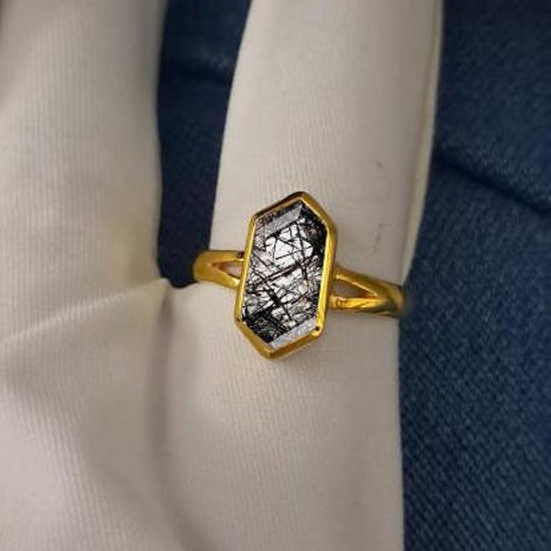 Hexagon Black Rutile Birthstone Ring in Solid 14K Yellow Gold – Stacking Wedding Statement Ring