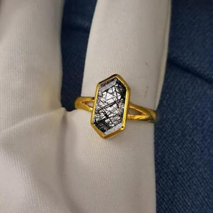 Hexagon Black Rutile Birthstone Ring in Solid 14K Yellow Gold – Stacking Wedding Statement Ring