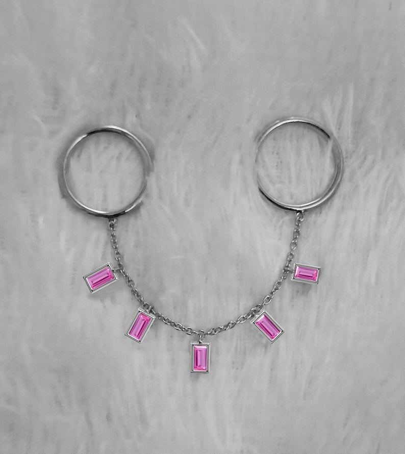 Two Finger Chain Ring with Pink Sapphire in Solid 14K Gold – Baguette Cut Dangle Design