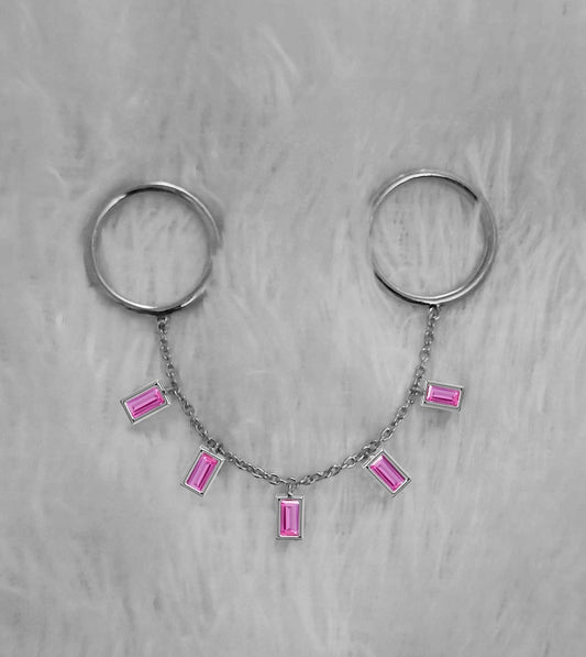 Two Finger Chain Ring with Pink Sapphire in Solid 14K Gold – Baguette Cut Dangle Design