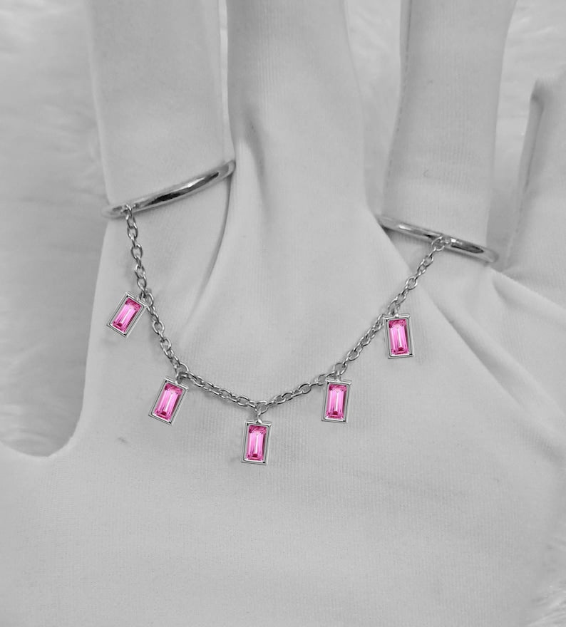 Two Finger Chain Ring with Pink Sapphire in Solid 14K Gold – Baguette Cut Dangle Design