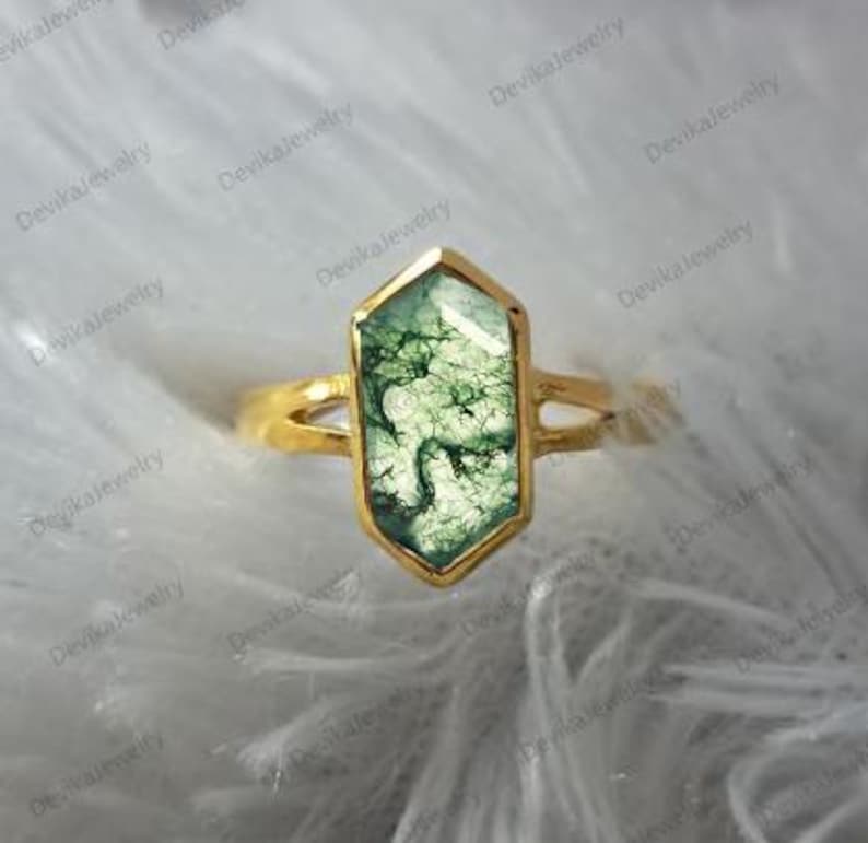 Long Hexagon Moss Agate Birthstone Ring in 925 Sterling Silver or 14K Yellow Vermeil