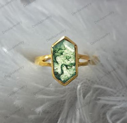 Long Hexagon Moss Agate Birthstone Ring in 925 Sterling Silver or 14K Yellow Vermeil