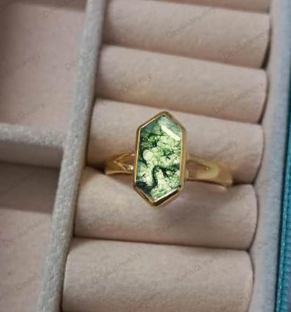Long Hexagon Moss Agate Birthstone Ring in 925 Sterling Silver or 14K Yellow Vermeil