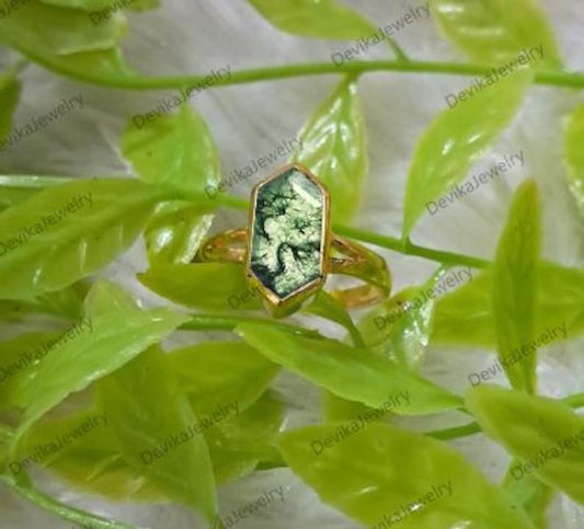 Long Hexagon Moss Agate Birthstone Ring in 925 Sterling Silver or 14K Yellow Vermeil