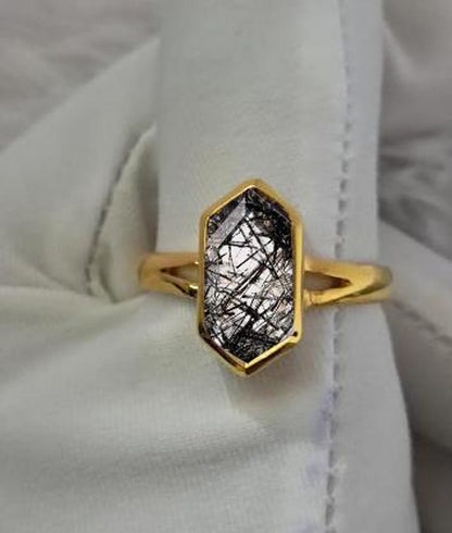 Hexagon Black Rutile Birthstone Ring in Solid 14K Yellow Gold – Stacking Wedding Statement Ring