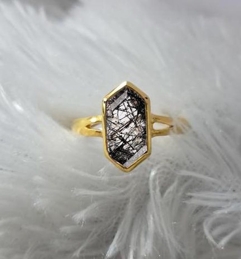 Hexagon Black Rutile Birthstone Ring in Solid 14K Yellow Gold – Stacking Wedding Statement Ring
