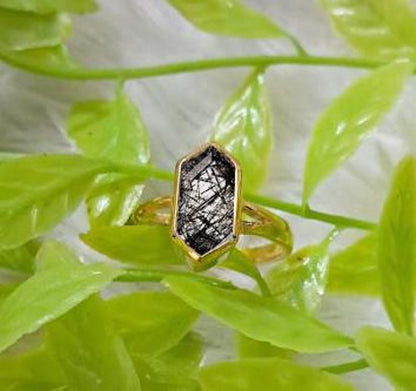 Hexagon Black Rutile Birthstone Ring in Solid 14K Yellow Gold – Stacking Wedding Statement Ring