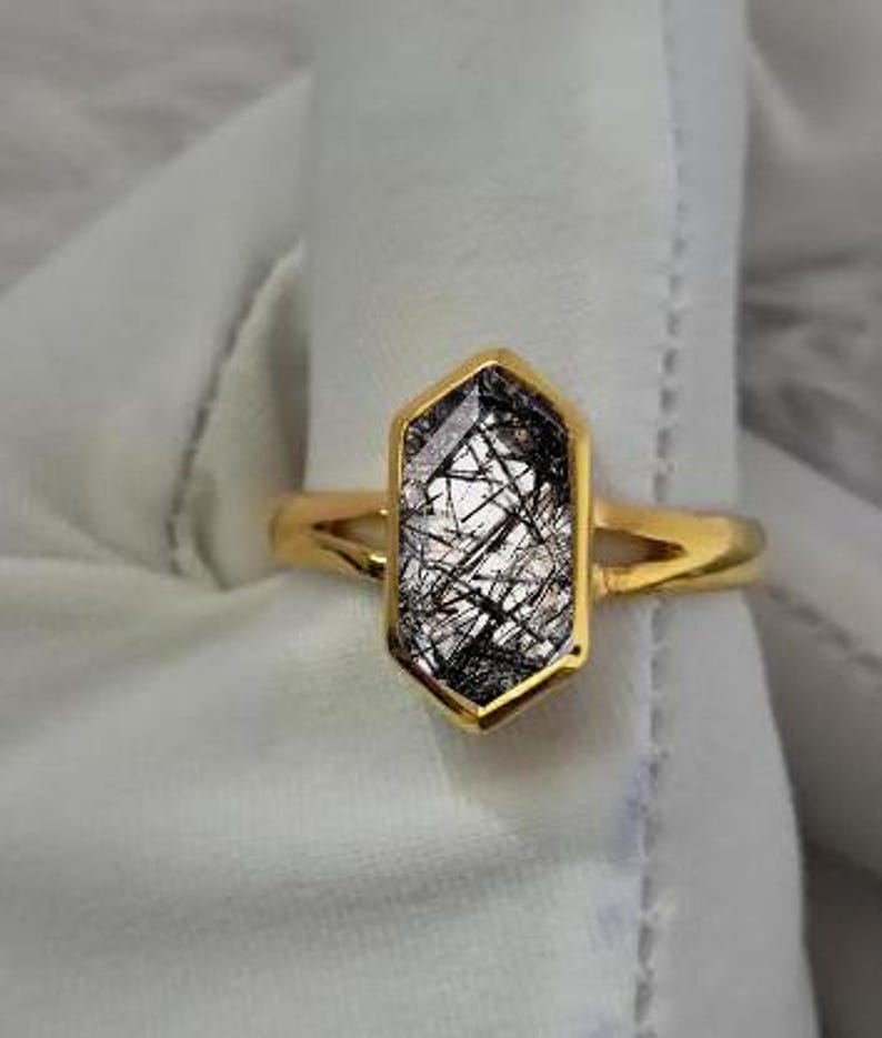 Hexagon Black Rutile Birthstone Ring in Solid 14K Yellow Gold – Stacking Wedding Statement Ring