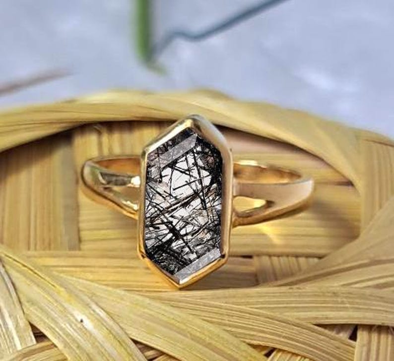 Hexagon Black Rutile Birthstone Ring in Solid 14K Yellow Gold – Stacking Wedding Statement Ring