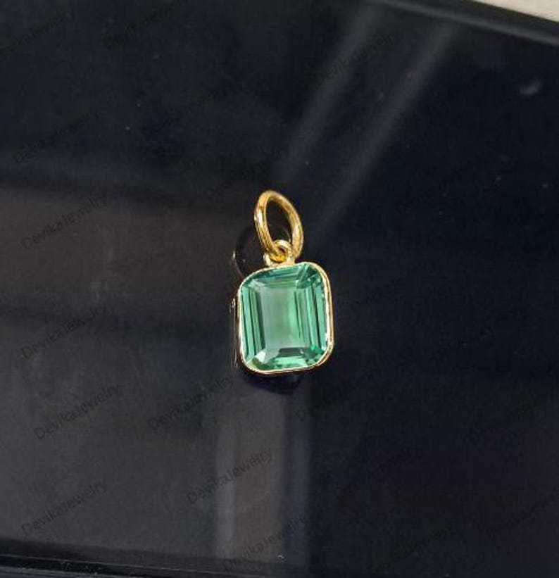 Emerald Cut Green Sapphire Bezel Charm in Sterling Silver or 14K Yellow Vermeil