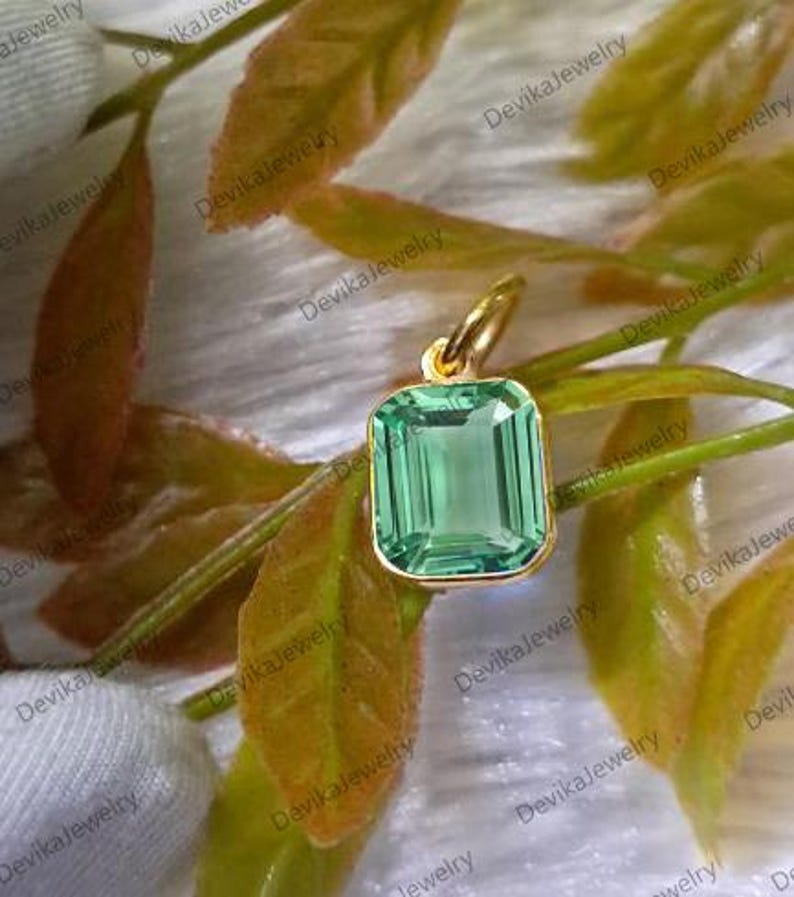 Emerald Cut Green Sapphire Bezel Charm in Sterling Silver or 14K Yellow Vermeil