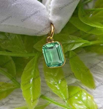 Emerald Cut Green Sapphire Bezel Charm in Sterling Silver or 14K Yellow Vermeil