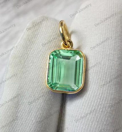 Emerald Cut Green Sapphire Bezel Charm in Sterling Silver or 14K Yellow Vermeil