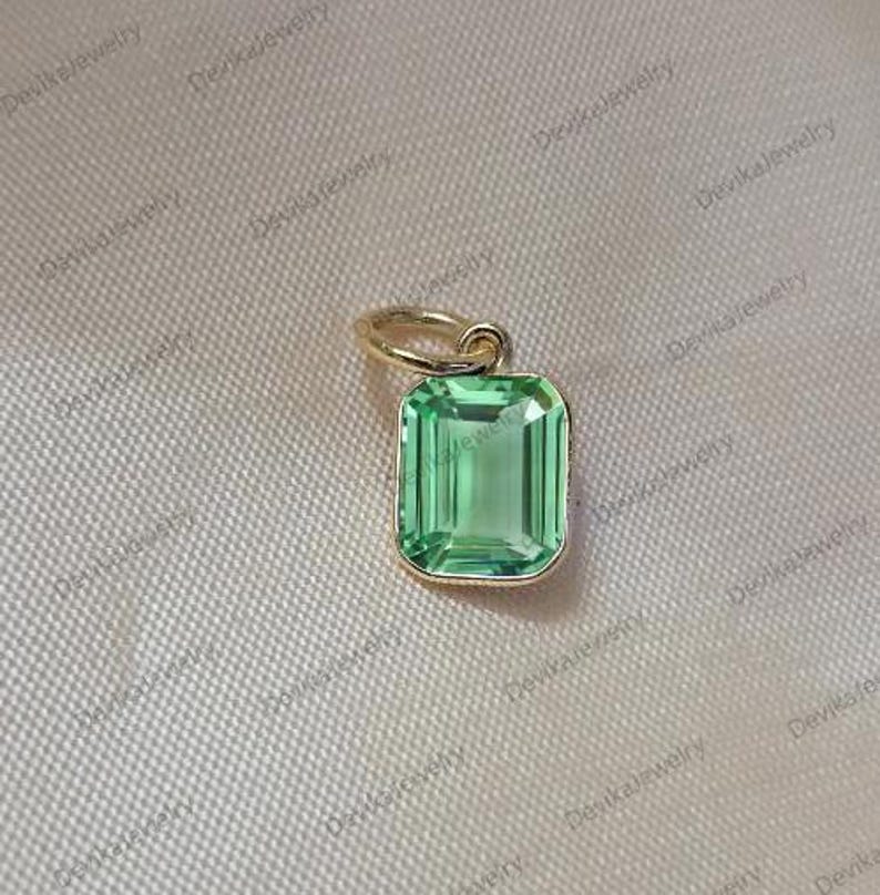 Emerald Cut Green Sapphire Bezel Charm in Sterling Silver or 14K Yellow Vermeil