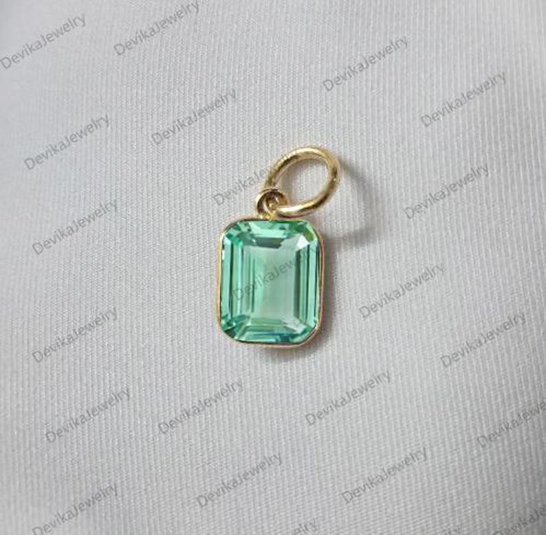 Emerald Cut Green Sapphire Bezel Charm in Sterling Silver or 14K Yellow Vermeil