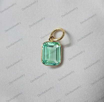 Emerald Cut Green Sapphire Bezel Charm in Sterling Silver or 14K Yellow Vermeil