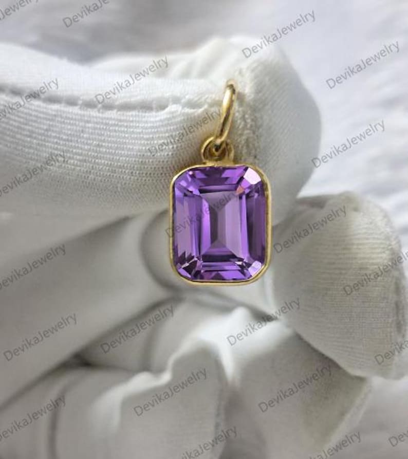 Handmade 14K Gold Amethyst Solitaire Pendant – Emerald Cut Purple Charm