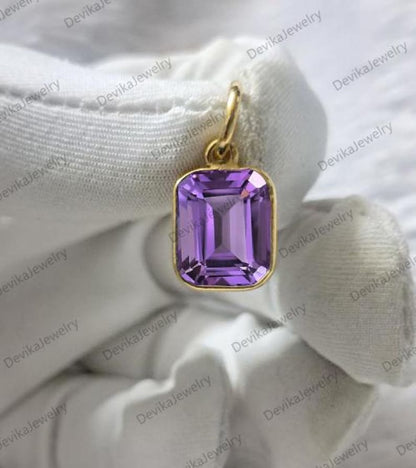 Handmade 14K Gold Amethyst Solitaire Pendant – Emerald Cut Purple Charm