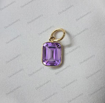 Handmade 14K Gold Amethyst Solitaire Pendant – Emerald Cut Purple Charm