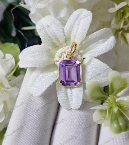 Handmade 14K Gold Amethyst Solitaire Pendant – Emerald Cut Purple Charm