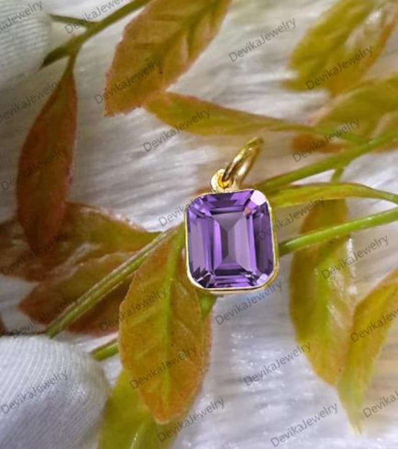 Handmade 14K Gold Amethyst Solitaire Pendant – Emerald Cut Purple Charm